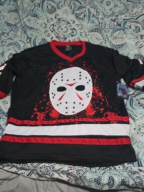 Black Hockey-Style Mask Graphic Jersey with Red & White Accents
